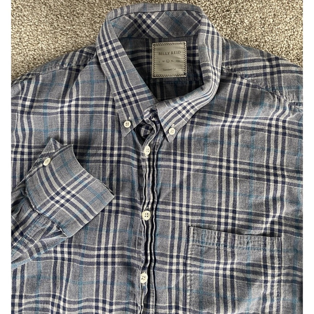 Billy Reid Check‎ Plaid Blue/Gray Shirt Standard Cut Mens L Preppy Work Casual